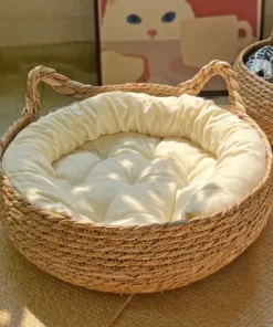 Rattan Weaving Cat Basket Pet Bed With Cushion Soft Warm Kitten Bed Donut